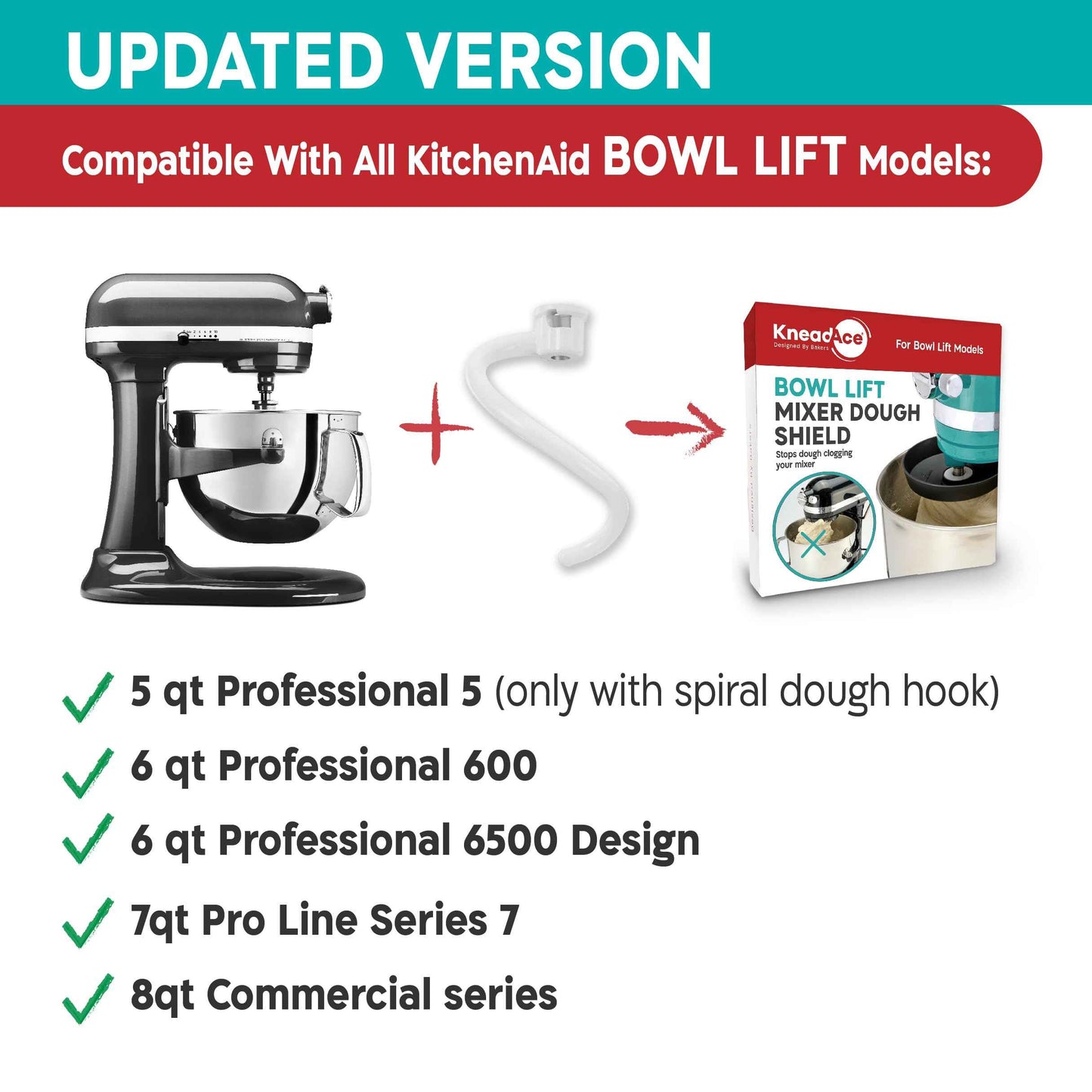 KneadAce Spiral Dough Hook Shield For kitchenaid Mixer-Prevents Dough from Clogging Your Bowl Lift Mixer- Compatible With KitchenAid Dough Hook. (With 2 Adapters-Fits All KA Spiral Hooks)