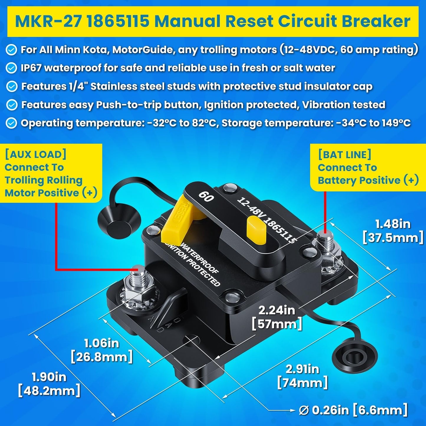 Minn Kota Trolling Motor Plug & Receptacle | 60 AMP Circuit Breaker for Freshwater & Saltwater Boats - Heavy Duty 8AWG