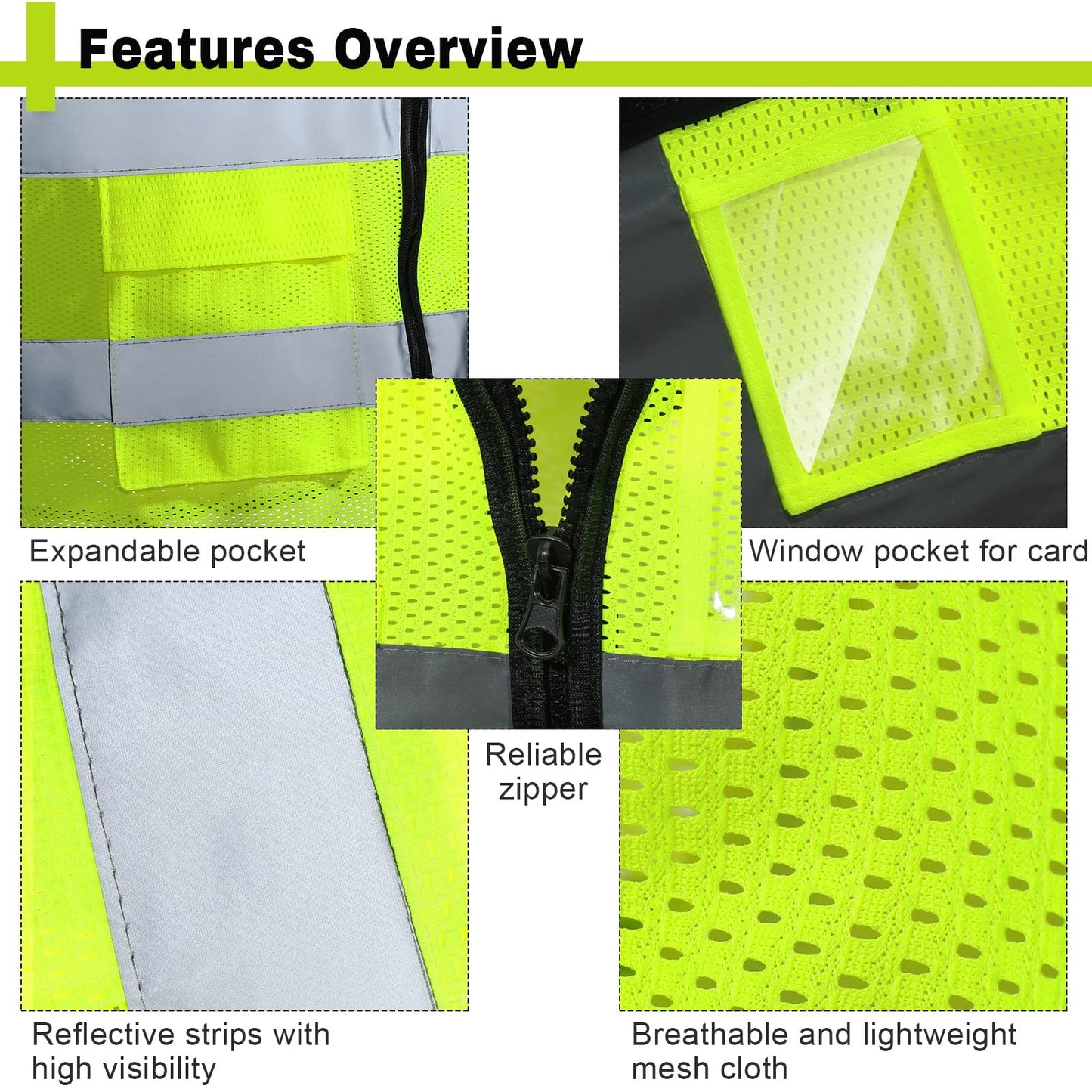 JenPen 10 Pieces Reflective Safety Vests with Pockets and Zipper, High Visibility Mesh Construction Vest for Men Women (XXL)