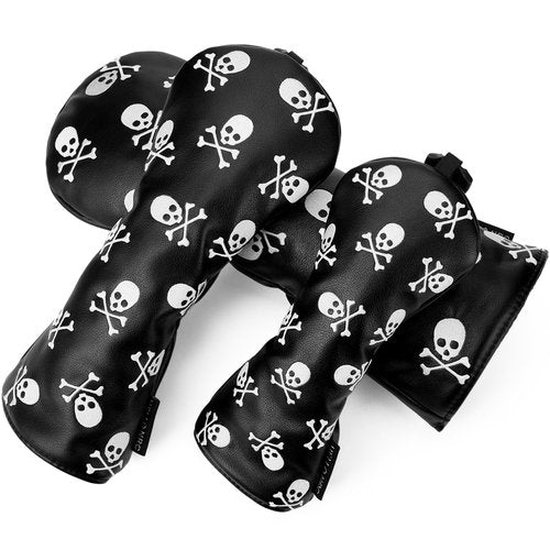 Gbourly 3PCS Skeleton Golf Club Skull and Crossbones Driver, Fairway Wood and Hybrid Head Covers Set PU Leather Headcovers for Women and Men (Black)