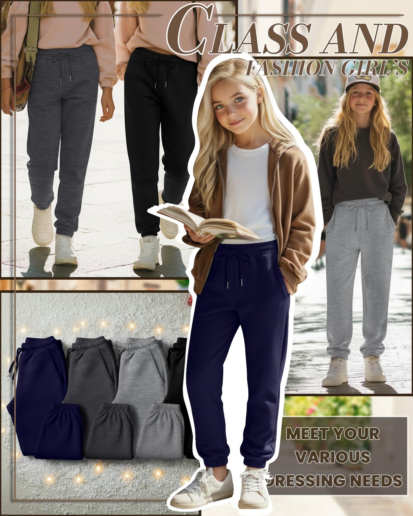 LessonZoo 4 Pack Girls' Jogger Sweatpants Girls Drawstring Sweat Pants Teens Activewear Kids Joggers with Pockets (Ages 5-16)(Navy Blue, Dark Gray, Light Gray,Black,X-Large)