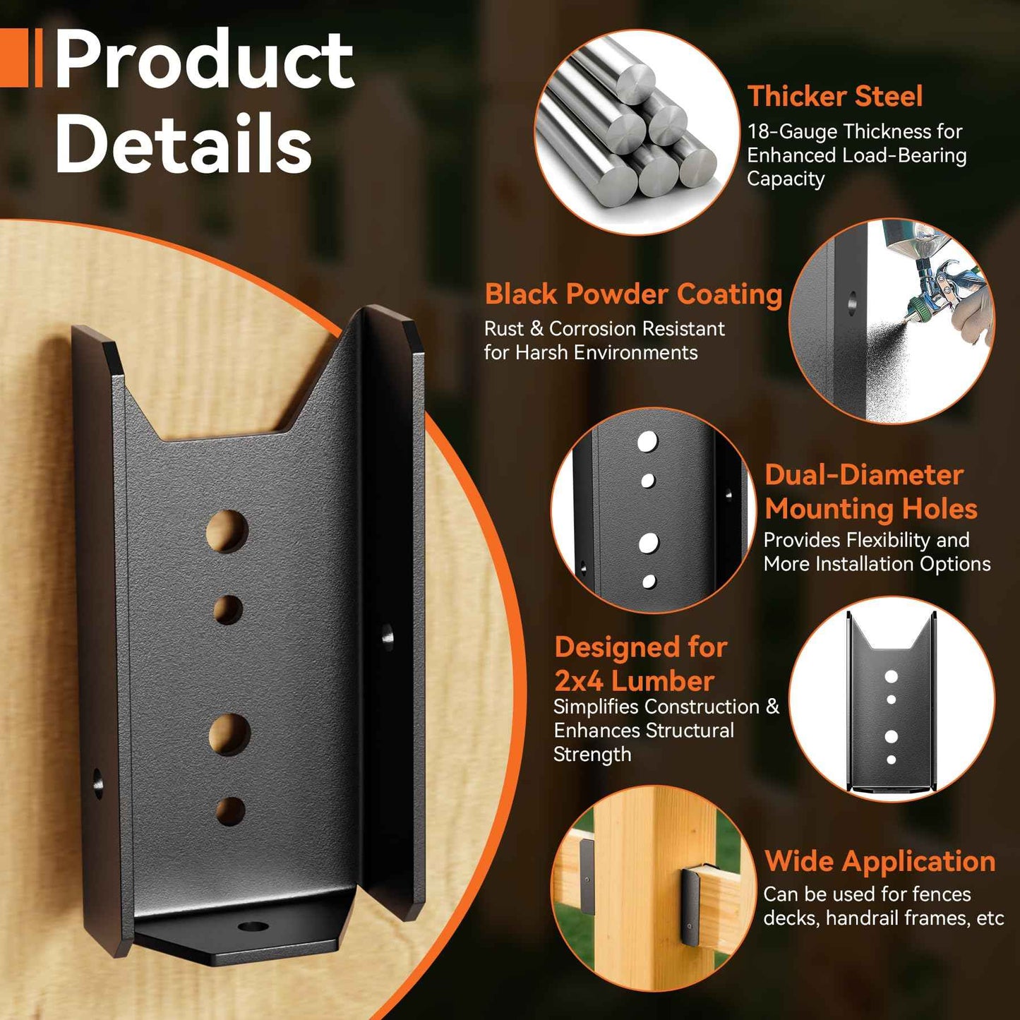 20 Pcs 2x4 Fence Brackets for Wood Black - 18 Gauge Deck Railing Brackets for 2X4, Fb26 Fence Brackets, Deck Railing Connectors 2x4