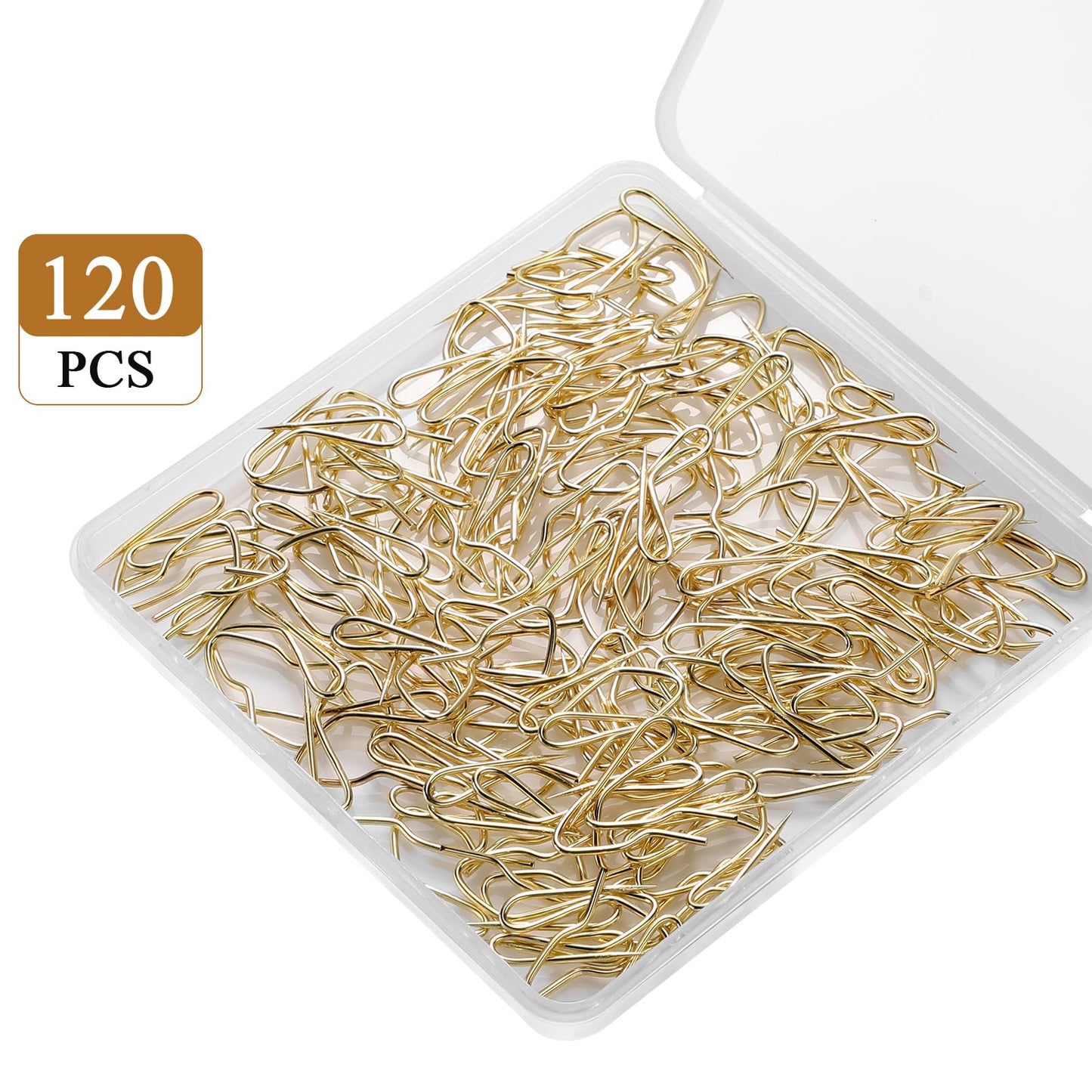 120 Pack Drapery Hooks Pins for Curtains, Metal Curtain Hooks Pins for Drapes Pinch Pleat Hooks with Clear Box 1.2 Inch for Window Curtain, Door Curtain and Shower Curtain (Gold)