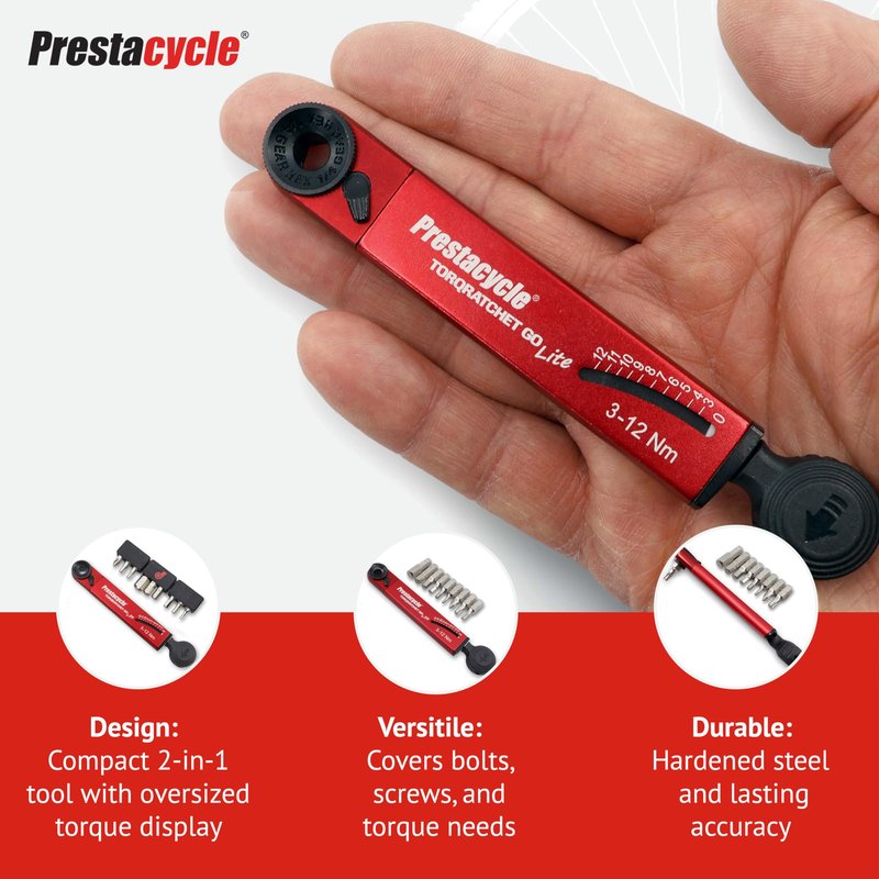 Prestacycle TorqRatchet GO Lite – Portable 3-12Nm Beam Torque Wrench & Ratchet Multi-Tool, 9 Hardened Bits, Lightweight Pocket Tool for Bike Repair, Compact 124mm, 46g, Compatible with ¼” Bits