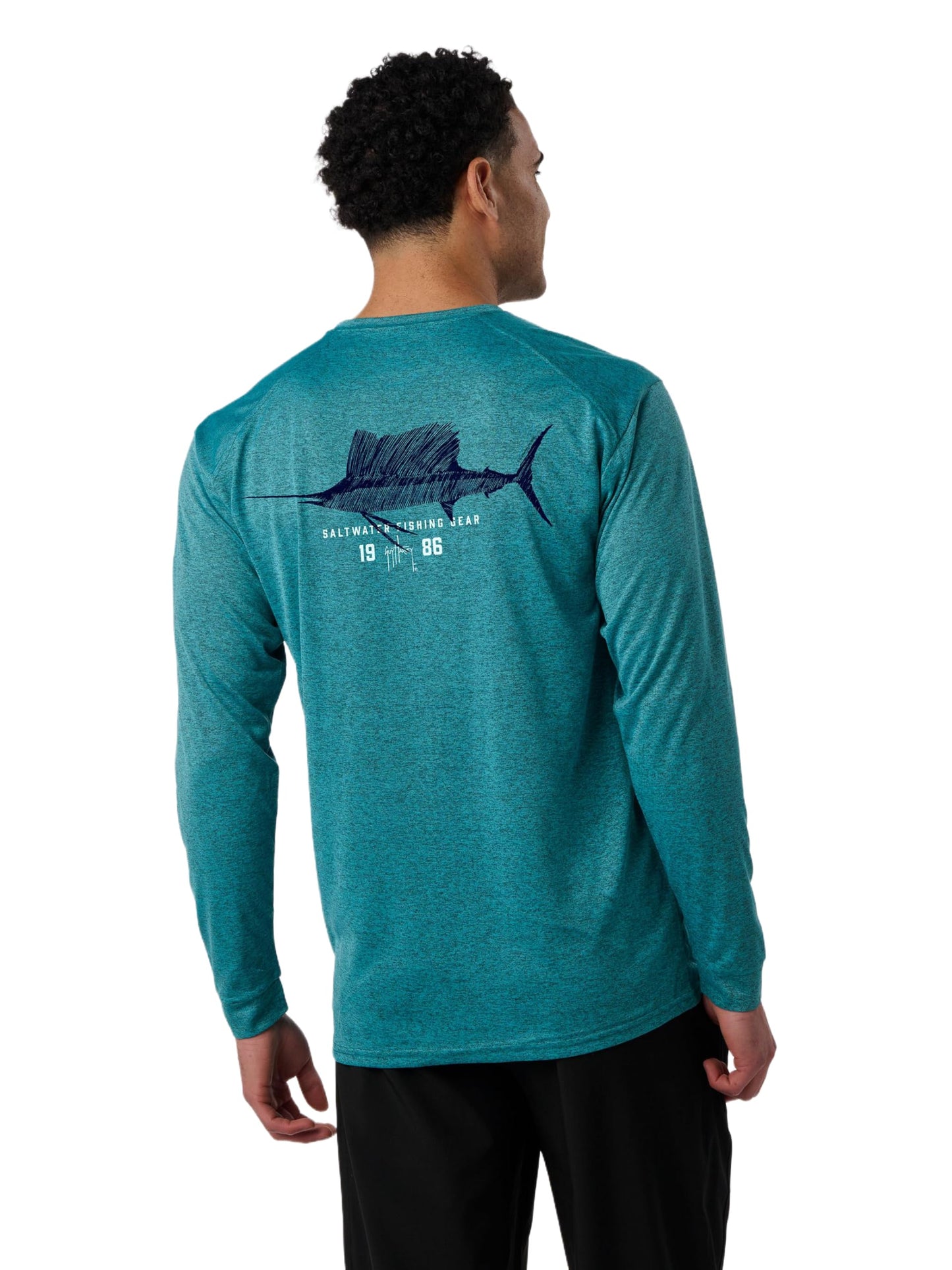 Guy Harvey Men's Long Sleeve Recycled Polyester Graphic T-Shirt, Seafoam/Sail Scribble, X-Large