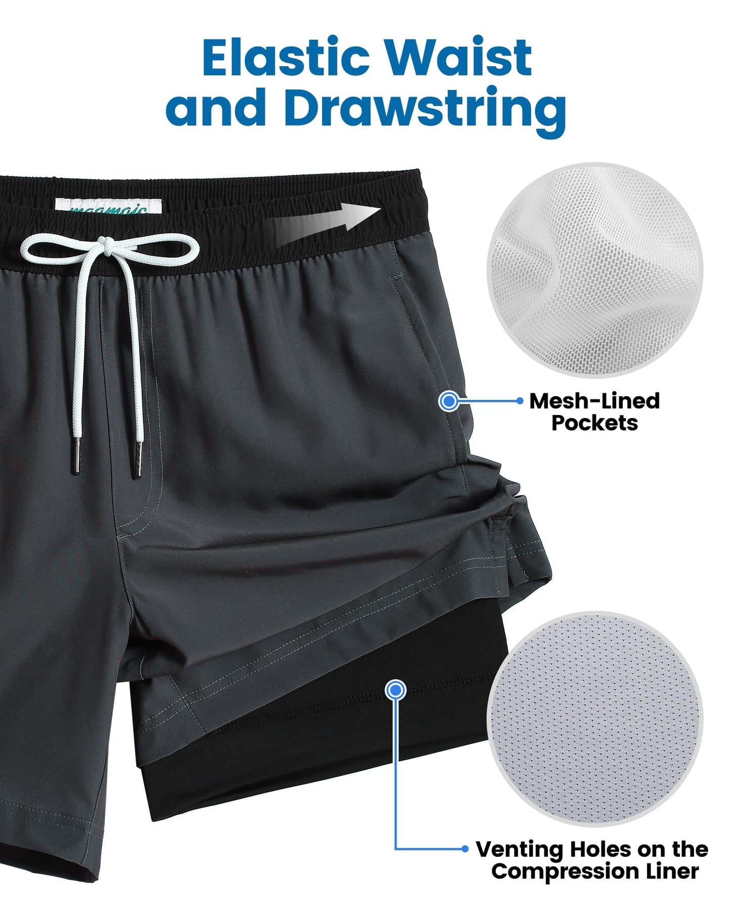 maamgic Mens Swim Trunks with Compression Liner 7 Inch Inseam Mens Bathing Suit Quick Dry Swimming Trunks Swimsuit Dark Grey and Black Large