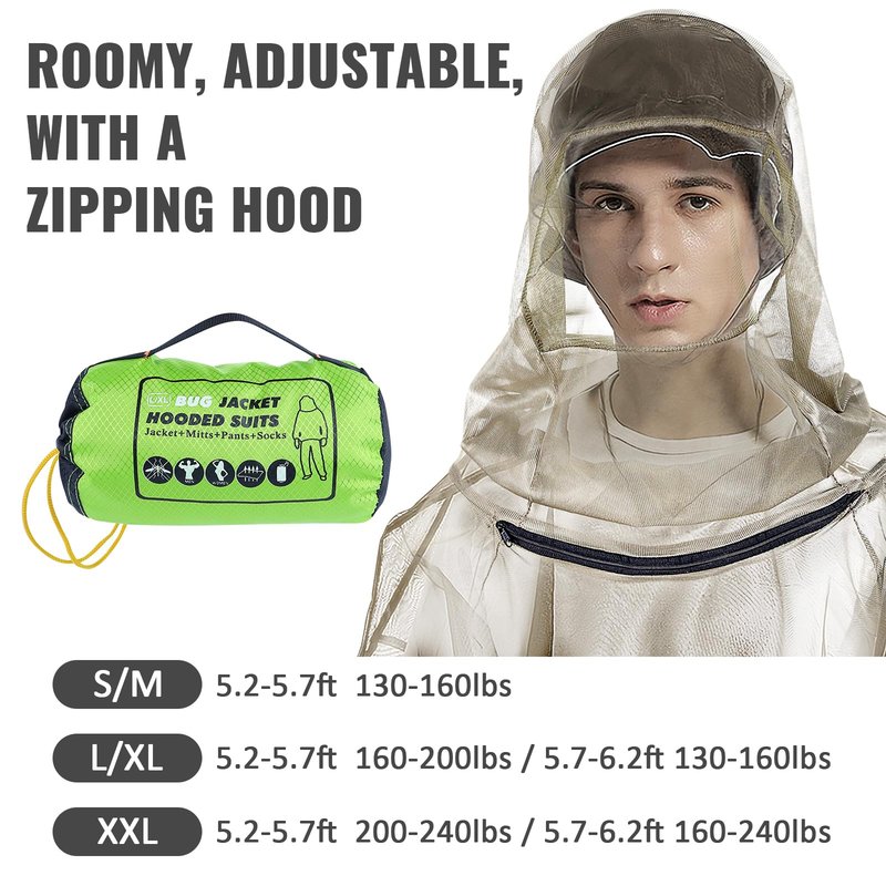 Mosquito Bug Suit for Men Women, 4 Pcs Full Body Mosquito Net Suit Including Mosquito Jacket with Hood, Pants, Gloves, Socks Breathable Mesh Mosquito Proof Clothing for Fishing, Hiking, Gardening