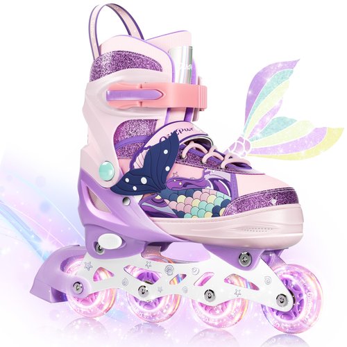 Children's Adjustable Inline Skates with 4-Size Adjustable Fit, Inline Skates with Triple Safety Straps & LED Light Wheels Perfect for Beginners,Ideal Gift for Boys & Girls (Pink, Medium(13C-3Y))