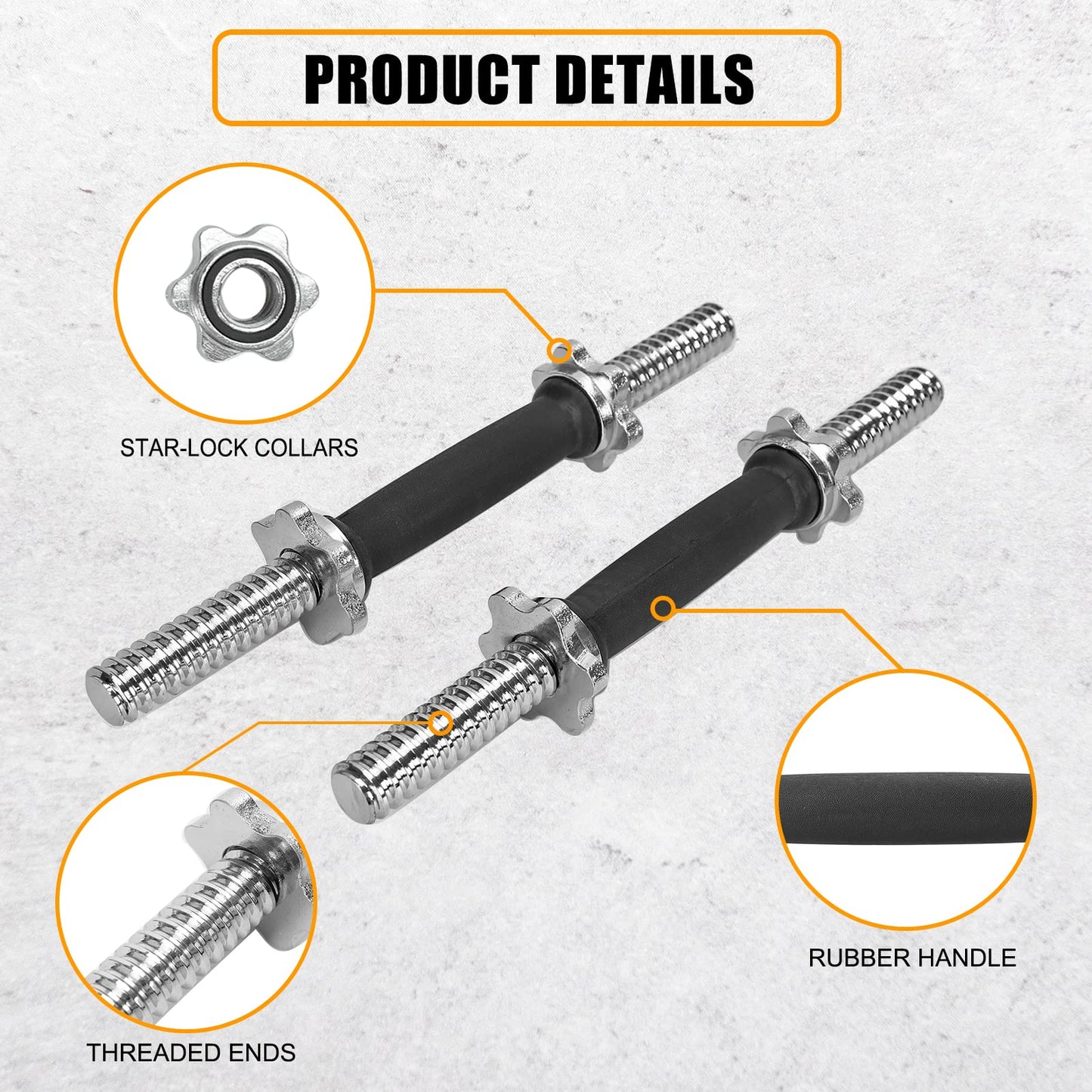 Threaded Dumbbell Rubber Handles 1 Inch Pair, 15.75" Adjustable Dumbbell Bar Handles, Fits Standard Weight Plates with 1” Diameter, for Gym Workouts, Exercise, Weightlifting, Sold in Pair