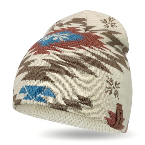 SPSKY Unisex Winter Knit Beanie, Warm Geometric Pattern Snowflake Hat, Soft Stretch Skull Cap for Outdoor Cold Weather Beige