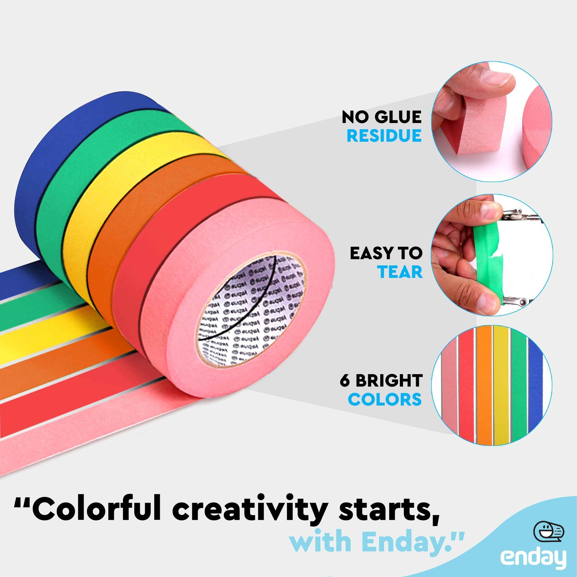 Enday Colored Masking Tape (6 Pack) 1080 Ft x 1 in - Colored Masking Tape 1 inch Wide x 180 Feet (60 Yards) per roll - Painters Tape, Great for Arts Crafts & Labeling