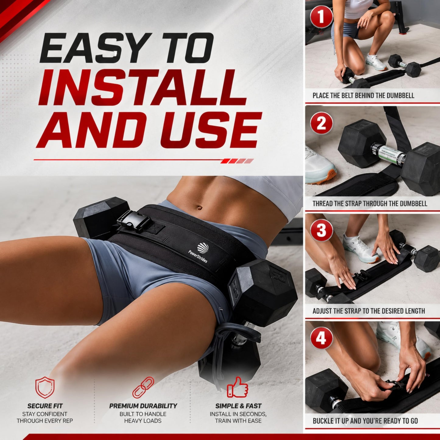 PowerStrides hip thrust belt for dumbbells – Best weightlifting Belt for home gym equipment workout and fitness weight lifting for men and women, perfect weights pad bandes accessories trainer at home for booty, glute and pilates exercise.