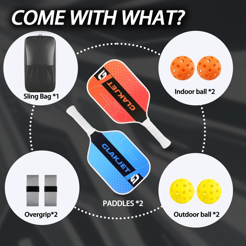 GlakJet Pickleball Paddle Set of 2 ，Premium Composite Paddles with 4 pickleballs, USAPA-Compliant，New Player Fridenly，6-Layer T800 Carbon Fiber Construction
