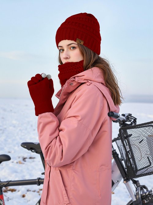 KUTTOR Winter Beanie Hat Scarf Gloves Set Warm Knit Fleece Touchscreen Gloves Neck Scarf Set Adult Winter Gift for Men Women