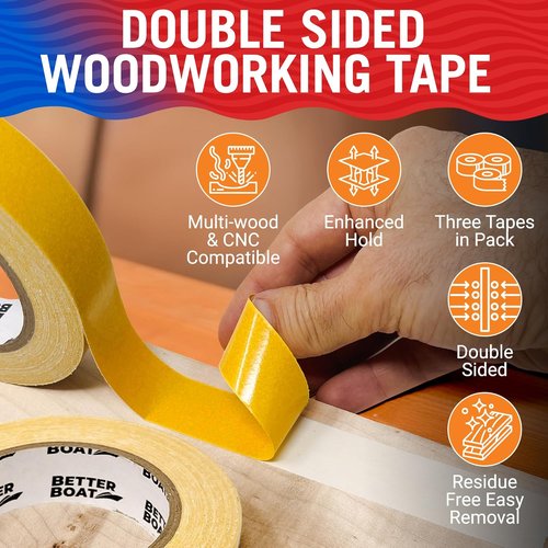 Better Boat Double-Sided Woodworking Tape - Heavy-Duty, Removable, No Residue | 1 in x 180 Ft