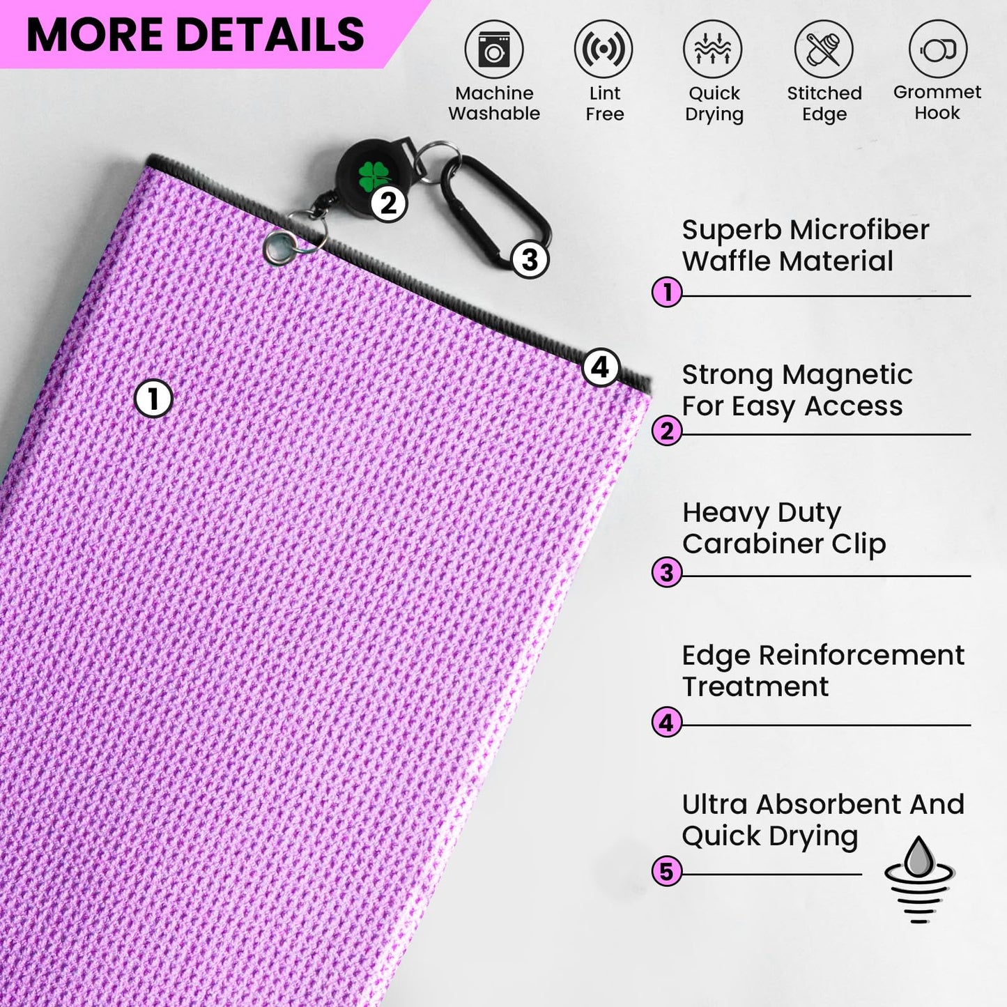 Amy Sport Golf Towels for Golf Bags for Women Men Value 2 Pack with 3 Strong Magnetic Retractable Carabiner and Black Brush, 16''X16'' Microfiber Waffle Pattern Towel Absorbent Set (Purple)