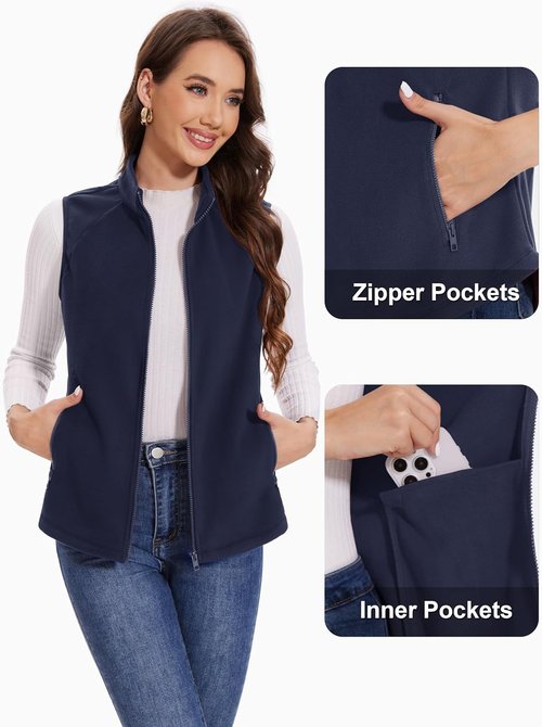 MAGCOMSEN Women's Fleece Vest - Lightweight Soft Warm Sleeveless Jacket with Zipper Pockets