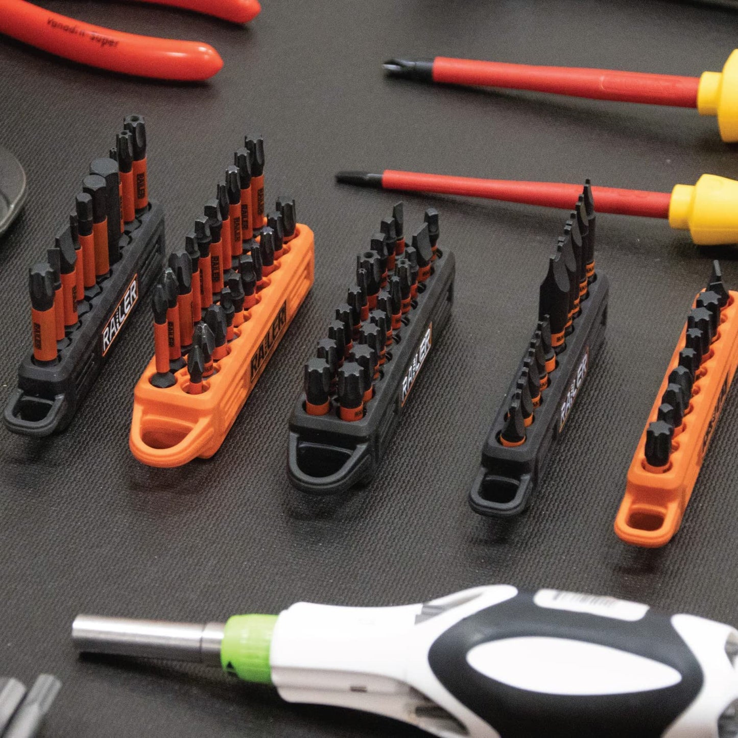Screwdriver Bit Holder Storage Organizer – Railer 20-Hole Hi-Vis Bit Holder with Carabiner