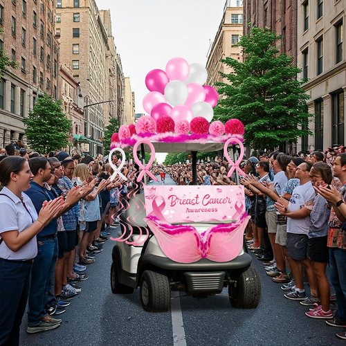 Soulchen 67 Pcs Breast Cancer Awareness Golf Cart Decoration Breast Cancer Pink Ribbon Flag Banner Balloon Swirls Tablecloth Fur Strips Trim Paper Flower for Golf Cart Party (Ribbon Pattern Banner)