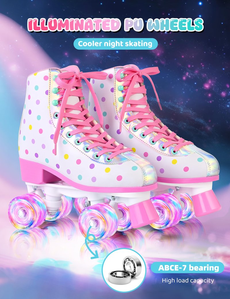 SULIFEEL Roller Skates for Girls and Women with Light up Wheels and Polka Dot Pattern, Kids and Adult Roller Sktes for Outdoor and Indoor Use