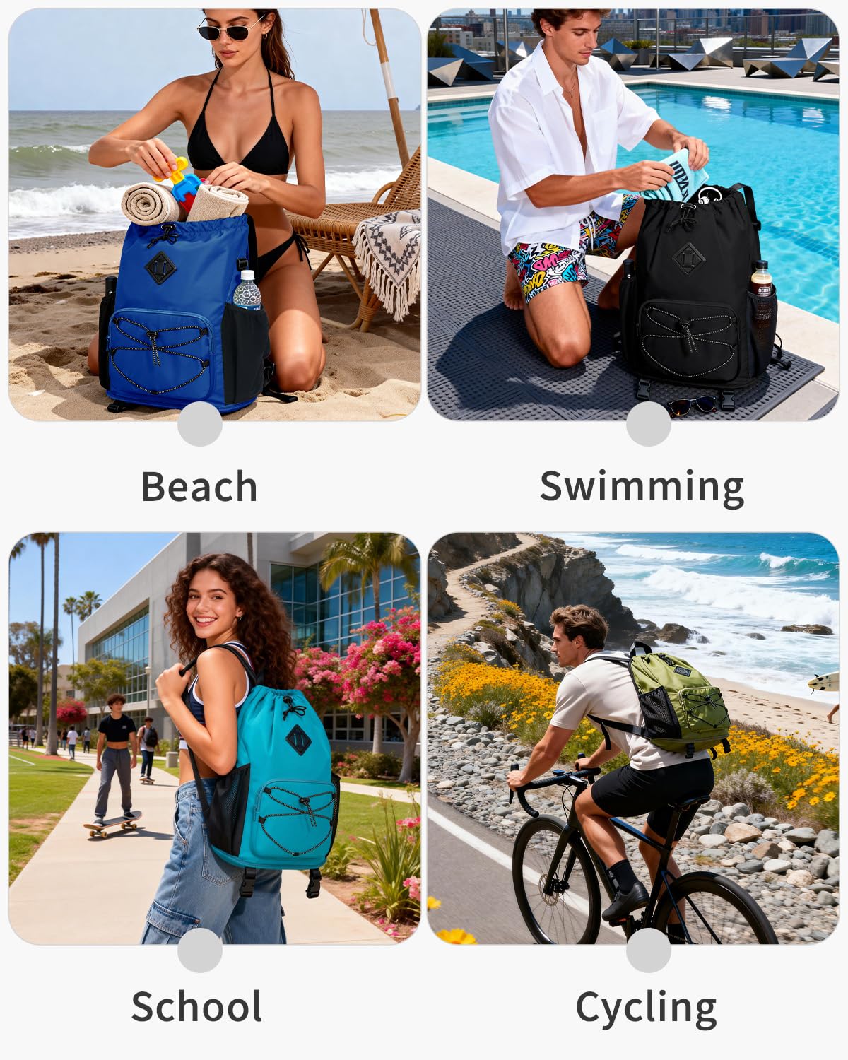 WANDF Drawstring Backpack with Removable Wet Pocket, Sandproof Beach Backpack with Bottom Compression Strap for Beach Mat, Swim Bag for Pool, Gym, Travel and Workout Gear (Black)