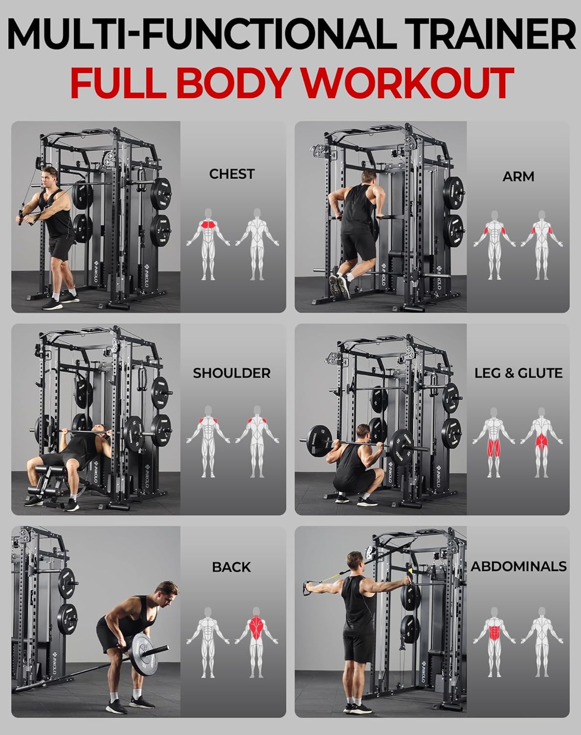 Mikolo Smith Machine - Multi-Functional Home Gym System with Weight Stack & LAT Pulldown | 10+ Free Attachments