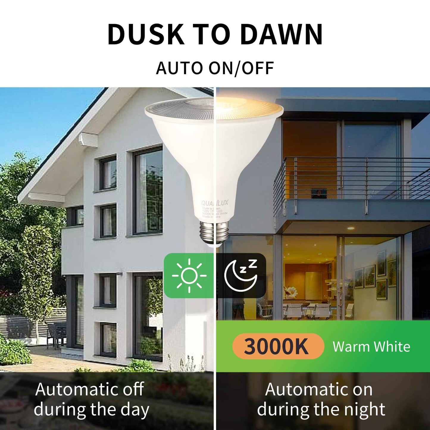 Qualilux PAR38 Dusk to Dawn LED Bulbs, Warm White 3000K, 150W Equivalent, 1600LM, Auto On/Off Sensing Flood Outdoor Bulb, 17W, 2 Pack, Non-Dimmable, HQ-H034