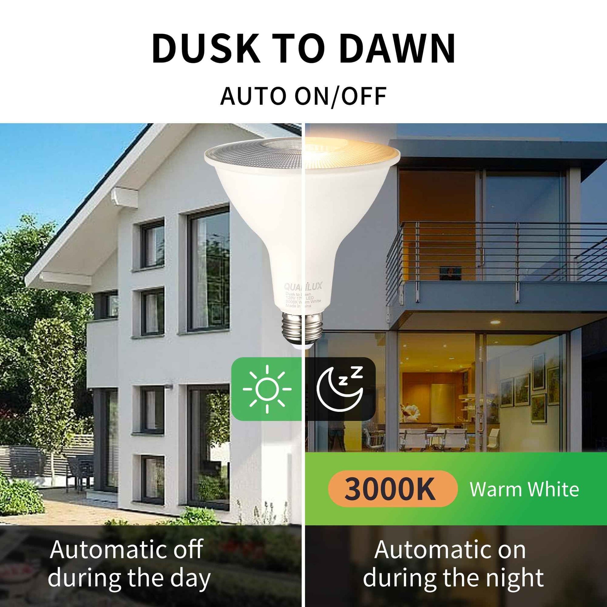 Qualilux PAR38 Dusk to Dawn LED Bulbs, Warm White 3000K, 150W Equivalent, 1600LM, Auto On/Off Sensing Flood Outdoor Bulb, 17W, 2 Pack, Non-Dimmable, HQ-H034