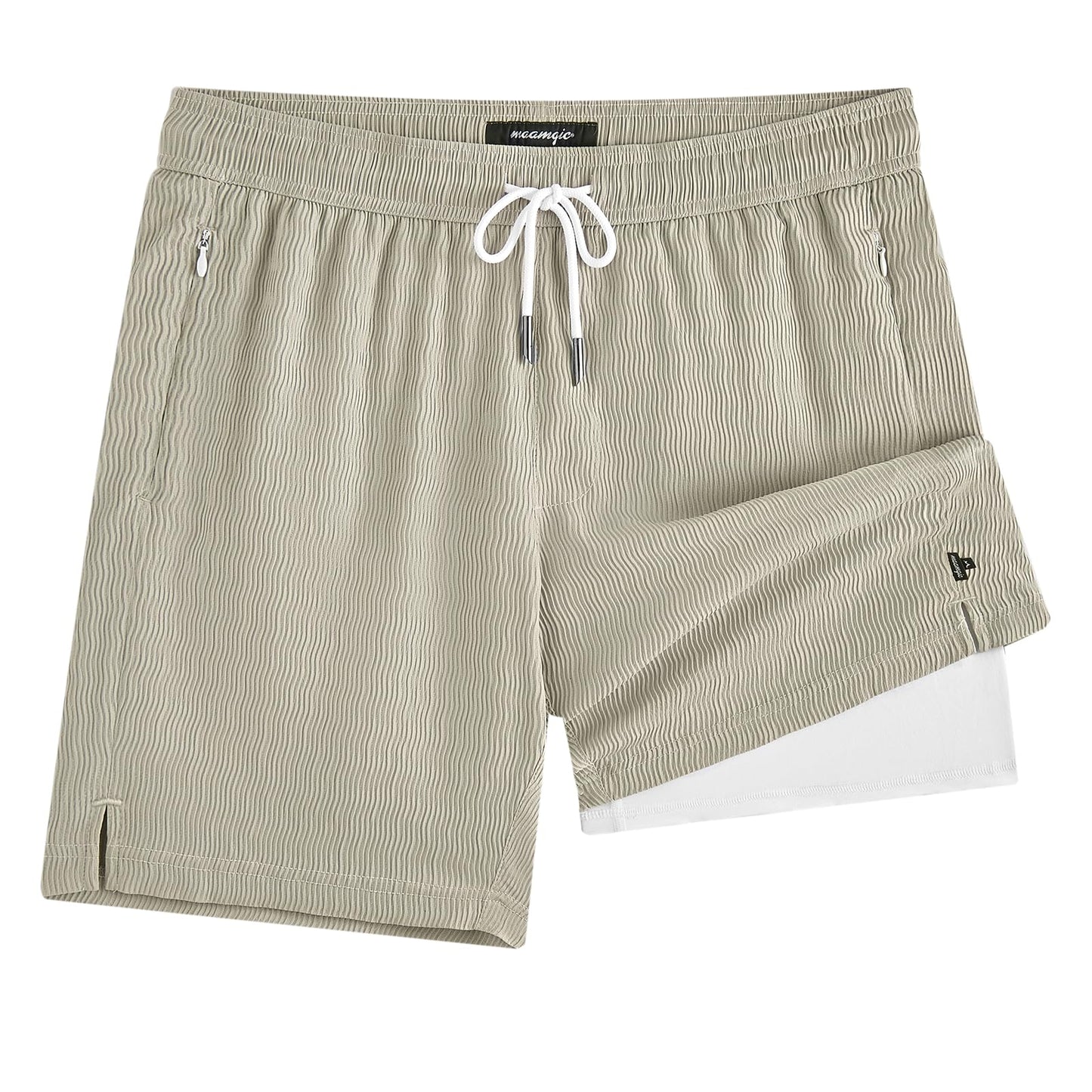 maamgic 7 Inch Wavy Texture Mens Swim Trunks - Mens Bathing Suit with Compression Liner Quick Dry Zipper Pockets Swimwear Light Khaki-White