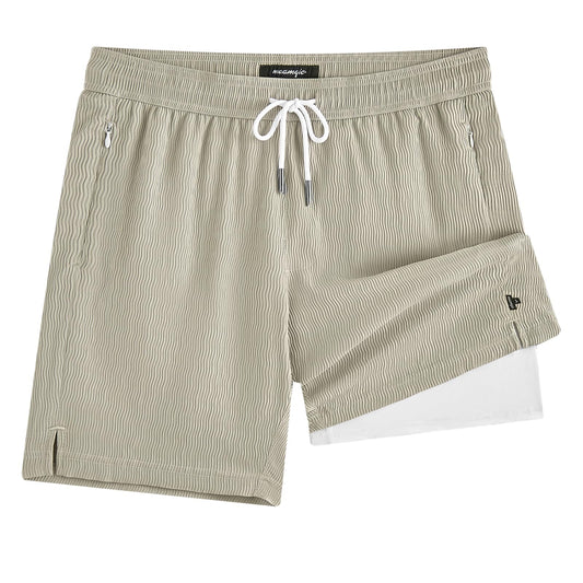 maamgic 7 Inch Wavy Texture Mens Swim Trunks - Mens Bathing Suit with Compression Liner Quick Dry Zipper Pockets Swimwear Light Khaki-White