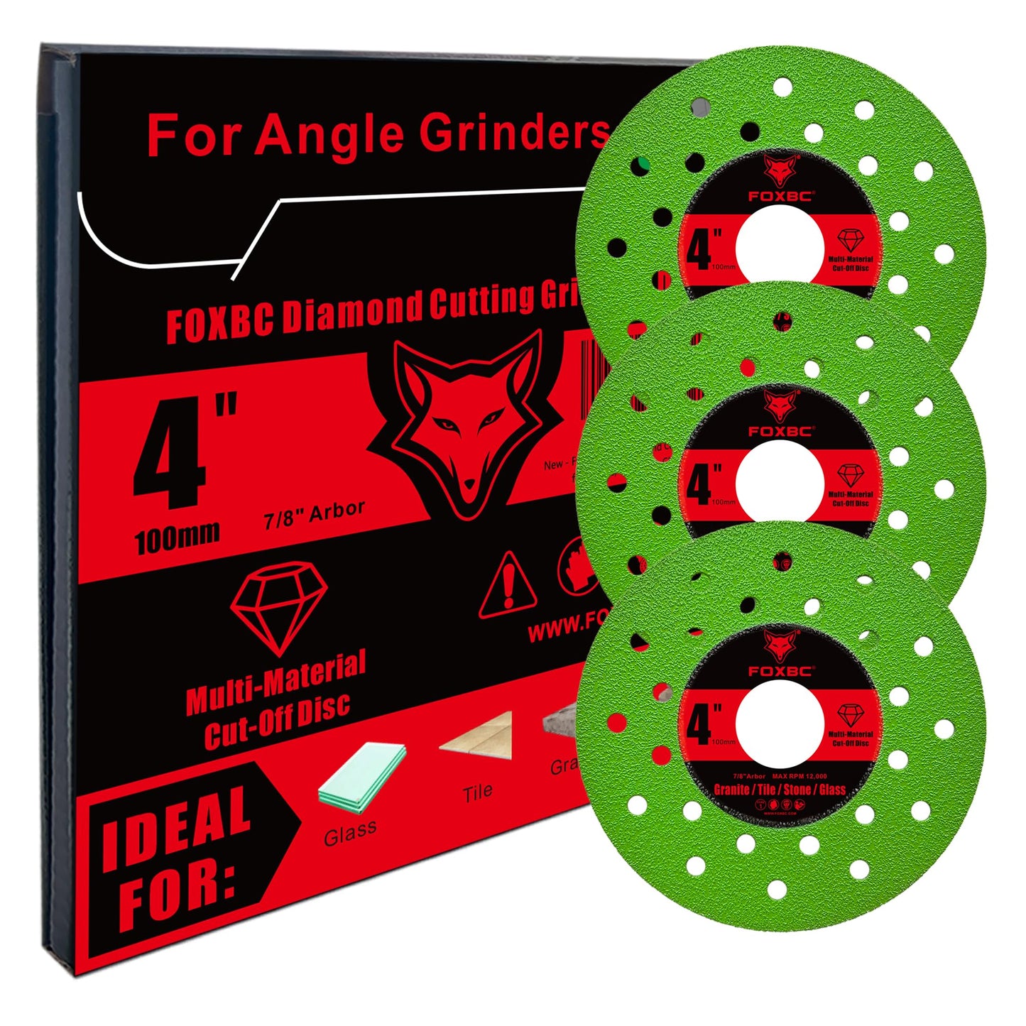 FOXBC 4 inch Diamond Saw Blades Cut Off & Grinding Disc, Multi-Material for Angle Grinder, for Rock Slab, Granite, Marble, Tile, Stone, Glass, 7/8" Arbor - 3 Pack