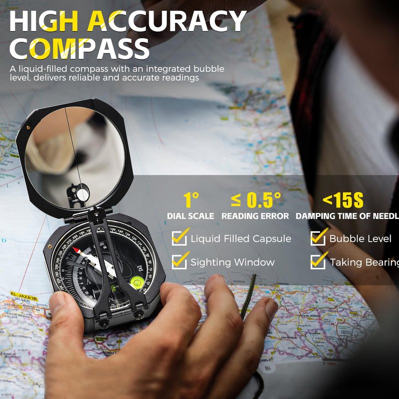 Portable Professional Geological Compass DQL-8 with Clinometer Aluminum Anti-Magnetic Hiking Compass with Mirror Compass with Leather Pouch for Surveyors Foresters Military Mine Meteorological