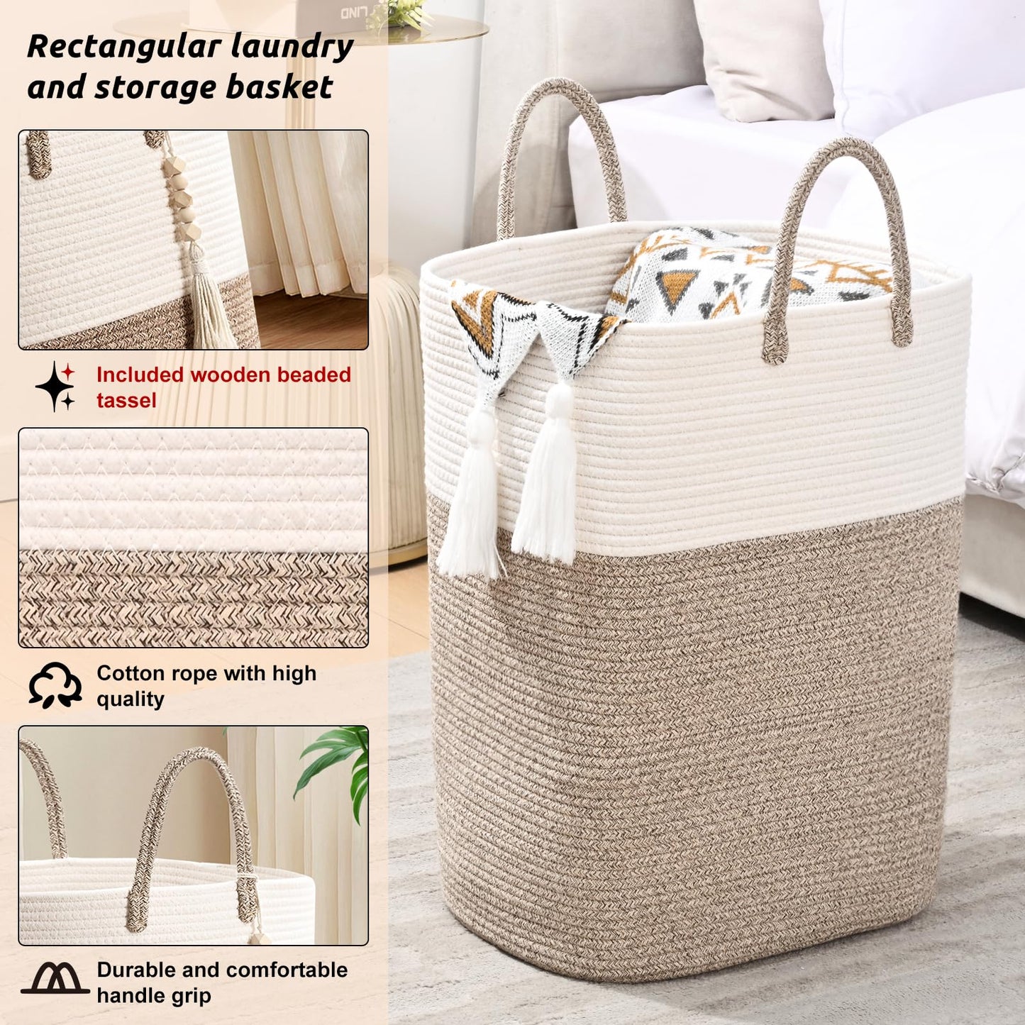 65L Woven Laundry Basket for Clothes, Large Rectangle Laundry Hampers with Beads Tassel, Nursery Storage Basket for Toys, Tall Dirty Clothes Hamper for Bedroom Aesthetic, Laundry Room Organization