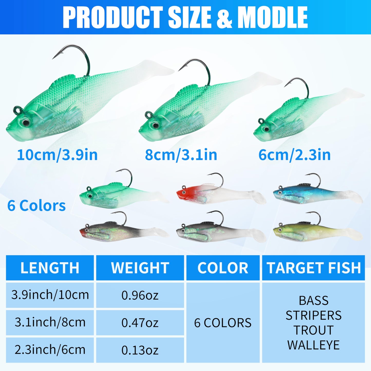 Paddle Tail Swimbaits, Pre-Rigged Soft Fishing Lures Jig Head Lifelike Swim Shad Lures Swimbait with Weighted Hook for Bass Walleye Trout Pike Crappie Striped Bass