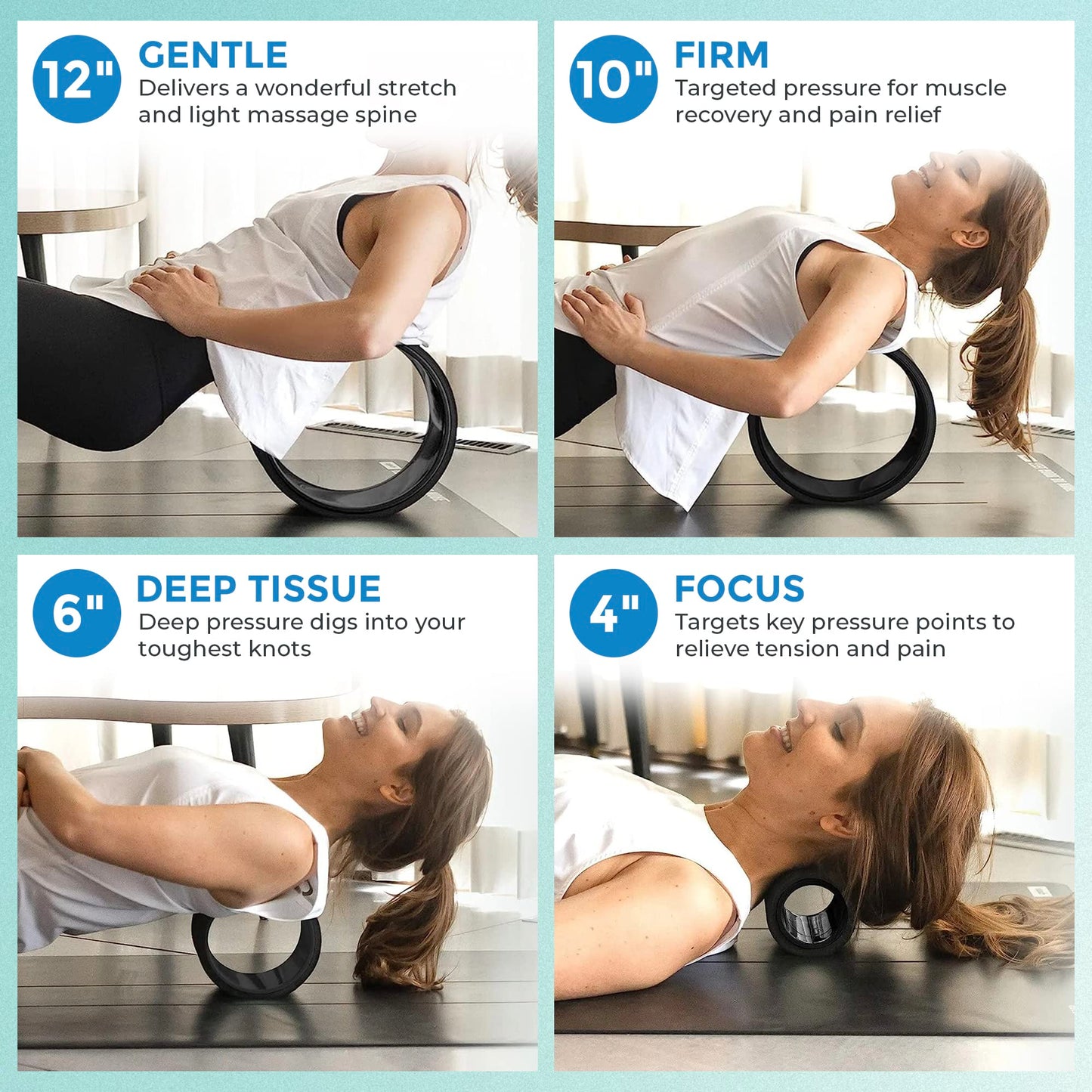 Chirp Wheel Foam Roller – Targeted Back & Neck Relief, Lumbar Spine Stretcher, Spinal Decompression Back Stretcher, Massage Roller with Density Foam for Physical Therapy, Supports 500lbs, 4-Pack Black