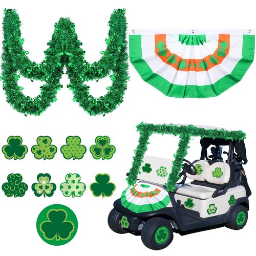 HunnmingRe 15 Pcs St. Patrick's Day Parade Golf Cart Decoration Kit Irish Bunting Burlap Flag Green Metallic Tinsel Garland Shamrock Stickers for St. Patrick's Day Golf Cart Festival Decor
