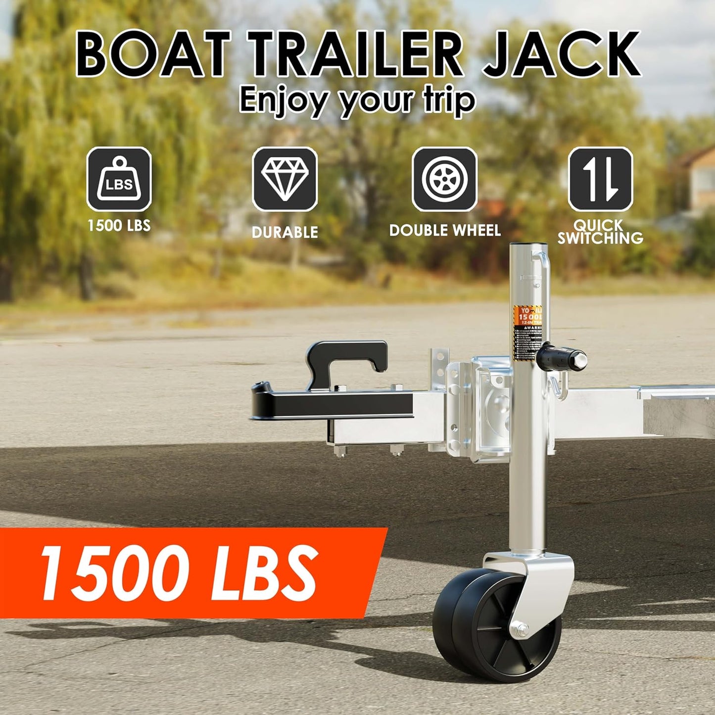 YOMILINK Heavy Duty Trailer Jack - 1500 lbs Capacity, Dual Wheel, 12" Lift, Bolt-On for RV & Boat Trailers - Silver