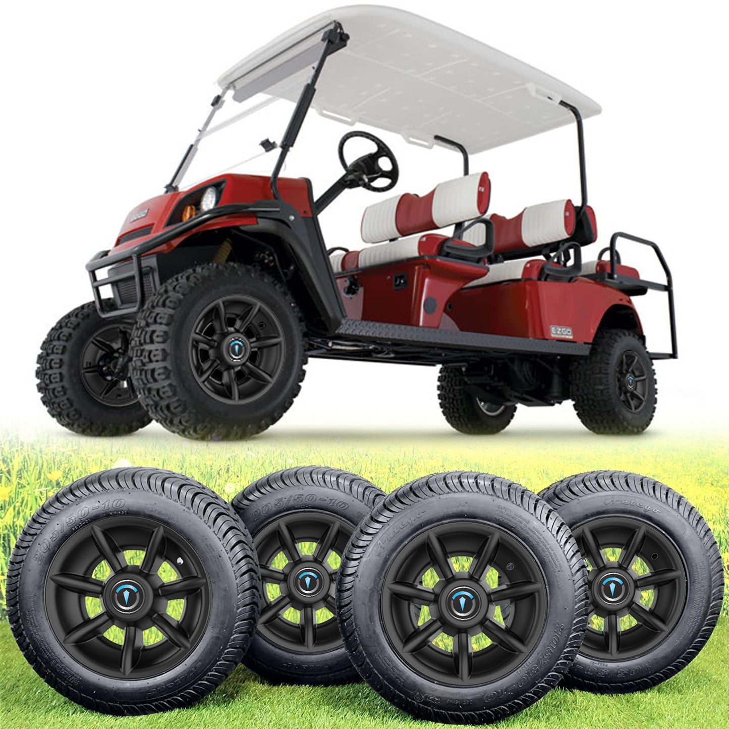 TakeLook Golf Cart Wheel Covers 10 Inch, Improved 7 Spoke Hub Caps for Club Car/E-Z-GO/YA/Star Car/Excar/Icon and Other Most Models Golf Cart, Matte Black, ABS Material