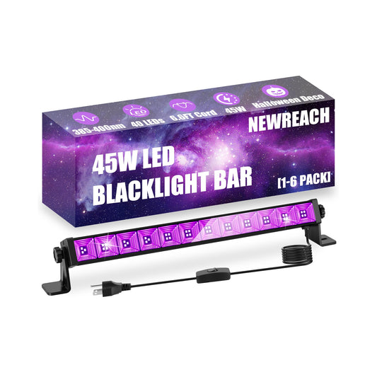 NEWREACH 45W Black Light, LED Blacklight Bar with 6.6ft Cord, Glow in The Dark Light Up 28x28ft, for Glow Party, Neon Decoration, Body Paint, Fluorescent Poster, Birthday, Halloween, Bedroom(1Pack)