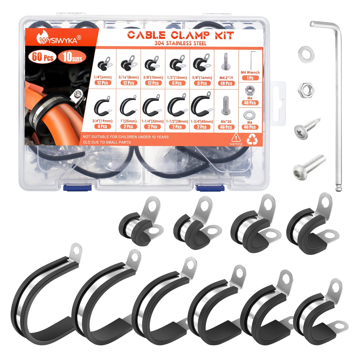 WYSIWYKA 220PCS Cable Clamps Assortment Kit 10 Sizes,304 Stainless Steel Rubber Cushion Pipe Clamps 1/4" 5/16" 3/8" 1/2" 5/8" 3/4" 1" 1-1/4" 1-1/2" 1-3/4" Metal Wire Clamps(With two kinds of screws)