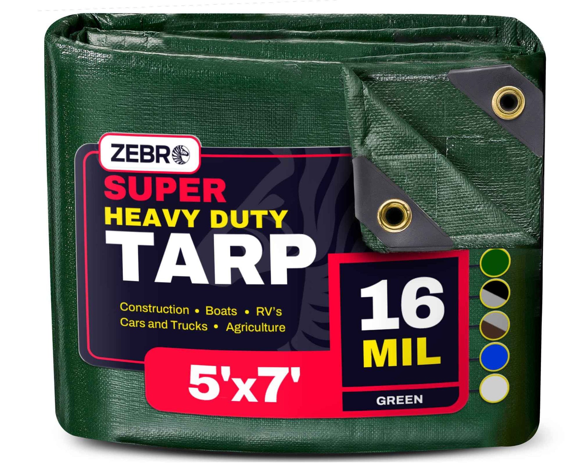 5' x 7' Green Heavy Duty Tarp with Grommets Reinforced - 16 Mil Thick - Double Sided Plastic Tarps Waterproof - Large Tarpaulin Cover for Outdoor Camping Over/Under Tent Tarp RV Roof Rain - Zebro