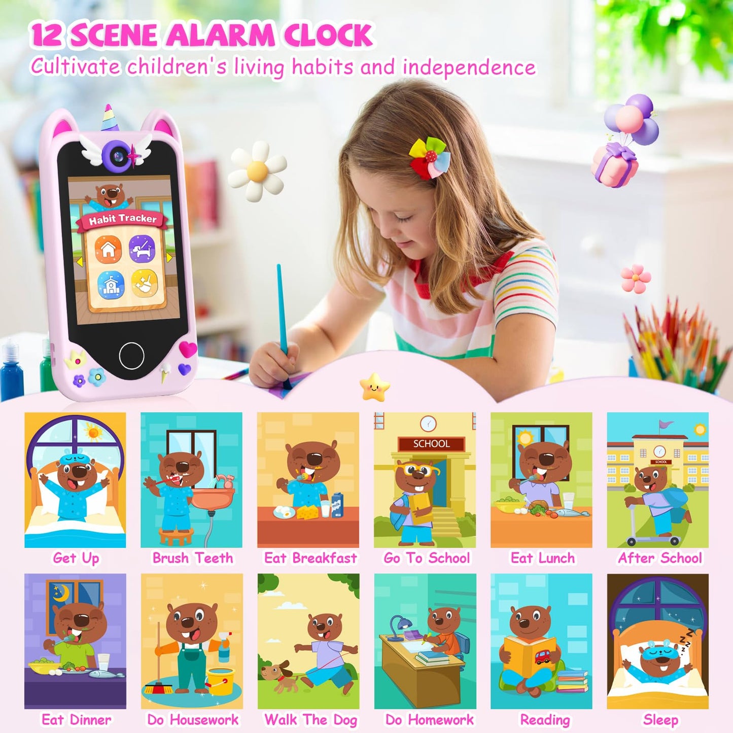 Kids Smart Phone for Girls Gifts - Toddler Christmas Birthday Gift for Age 3 4 5 6 Year Old, Kids Cell Phone Toy with Touchscreen, Dual Cameras, Learning, Kid Mp3 Player, Games with 32 GB Card