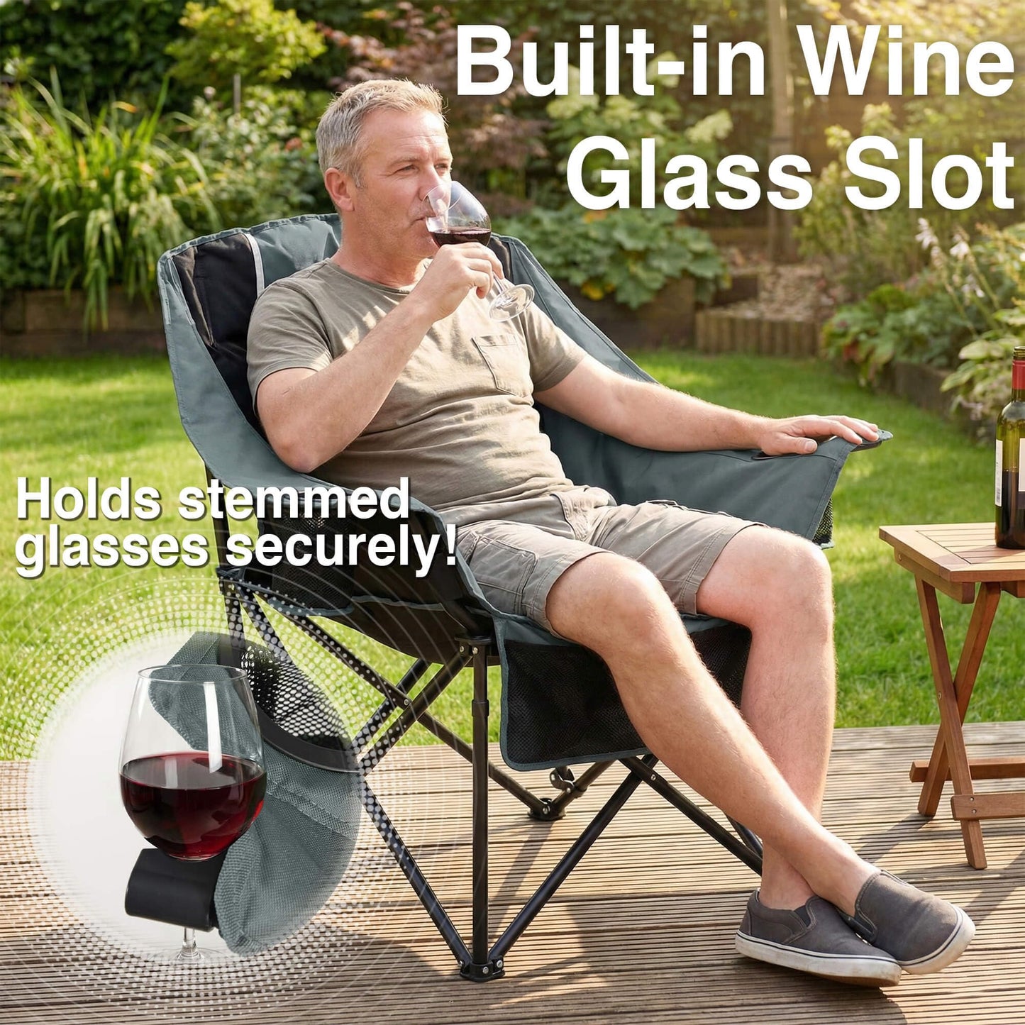 Oversized Camping Chair for Adults - Heavy Duty 400 lbs Padded Folding Chair with Wine Glass Holder, 2 Cup Holders & Side Pockets, Portable Carry Bag for RV, Tailgating, Lawn