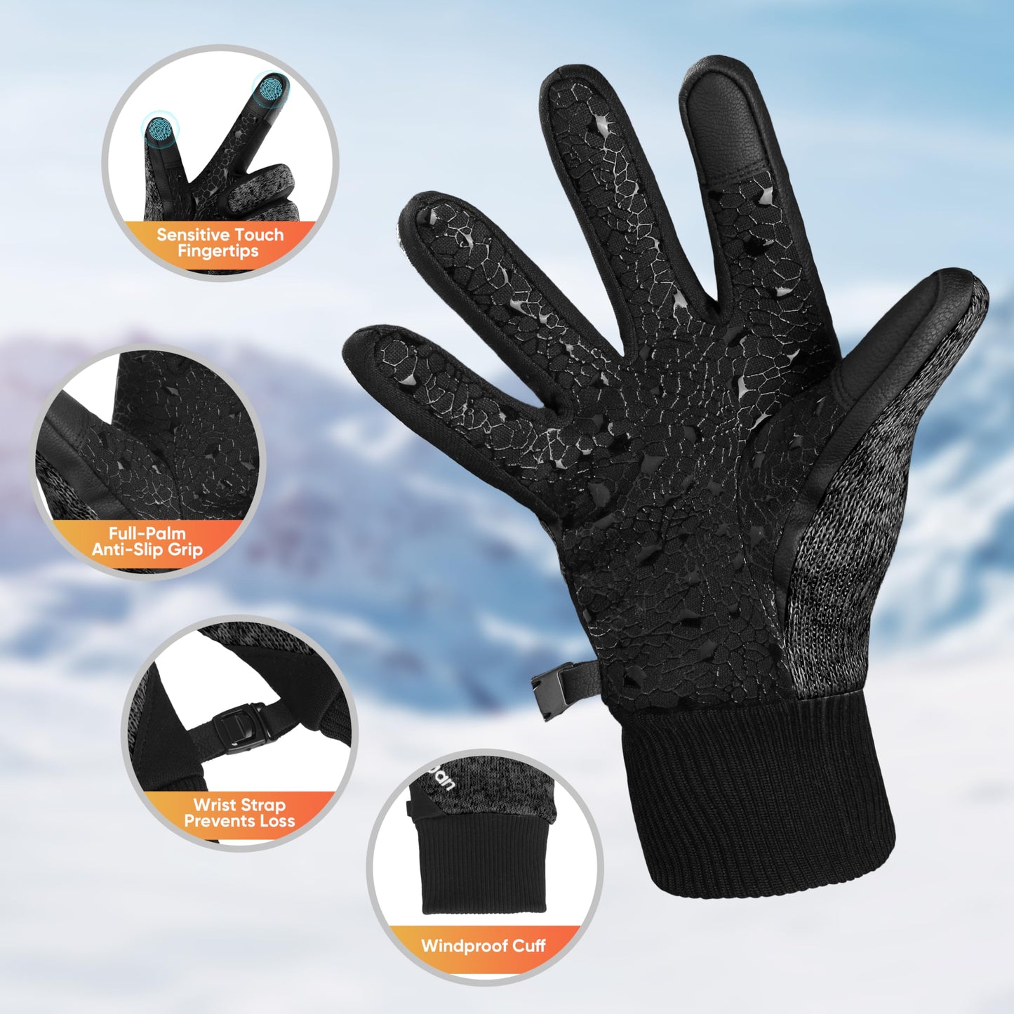 ihuan Winter Waterproof Gloves Cold Weather - Snow Ski Windproof for Men Women, Warm Touchscreen Thermal for Running Cycling