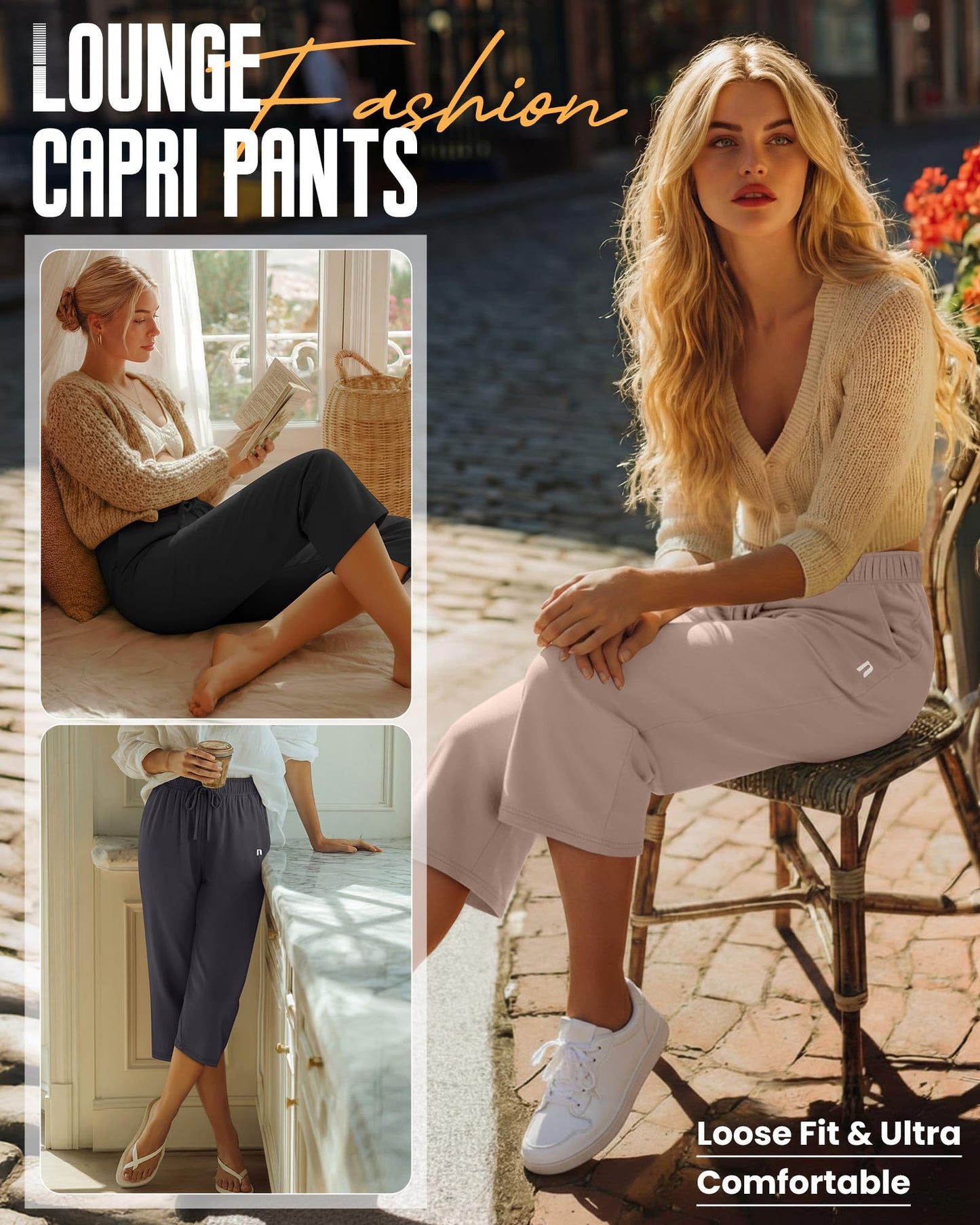 Neer 3 Pack Women's Capri Pants, Wide Leg Basic Sweatpants Lounge Loose Fit Casual Drawstring Yoga Capris with Pockets(Black, Mocha, Dark Gray,X-Large)