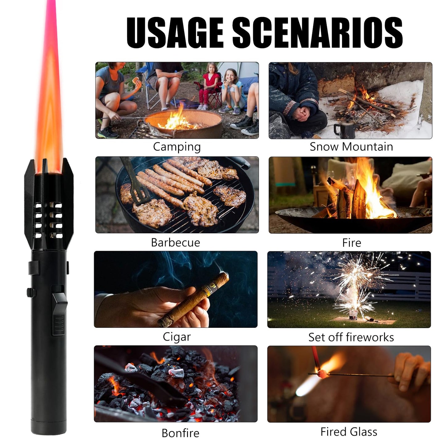 Butane Torch Lighter Cooking Torch Refillable Windproof Firelighter Bright Fire Lighter Christmas Stocking Stuffer Gifts for Men Dad, Blue Red Flame Adjustable Jet Flame for BBQ (Gas Not Included)