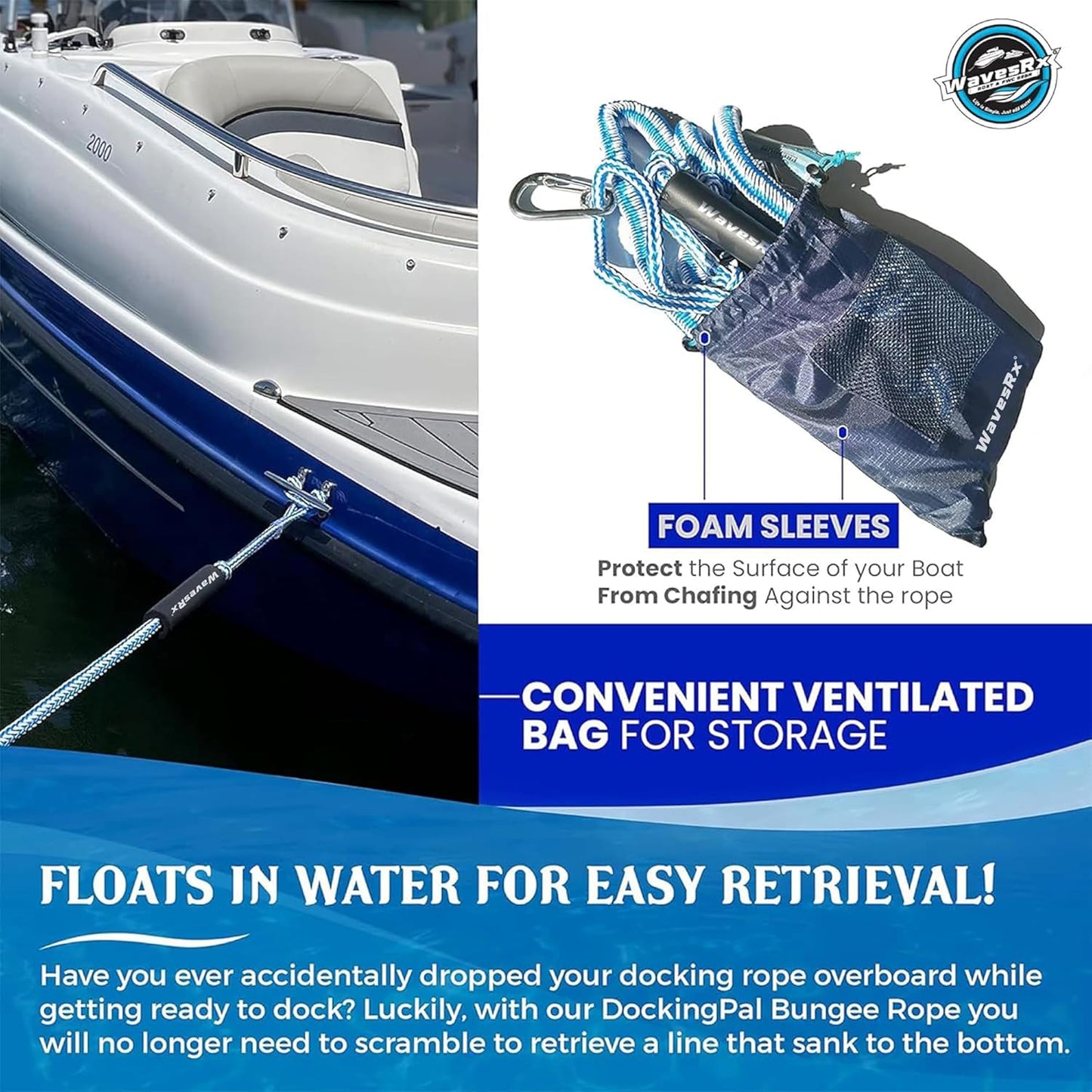WAVESRX DockingPal - Premium Bungee Dock Line for Boats & PWC | Elastic Mooring Rope Absorbs Shocks & Prevents Damage