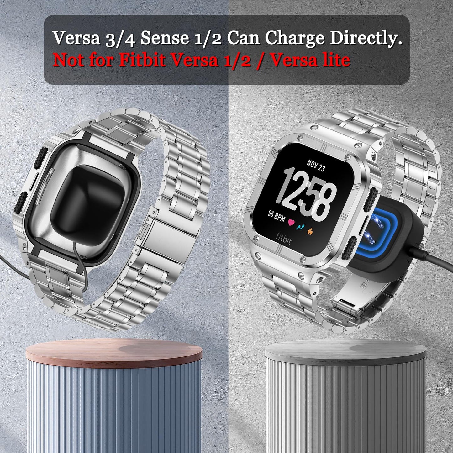 BAITEYOU Stainless Steel Watch Band with Case Compatible for Fitbit Versa 4 3 2 1 Lite,Fitbit Sense 2/Sense Bands, Rugged Protective Bumper Metal Wristbands for Men Silver