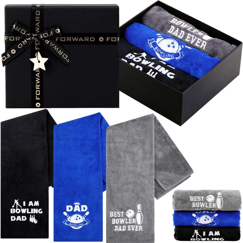 Newwiee 3 Pcs Bowling Towel Gifts for Dad with Box Accessories Funny Novelty Embroidered Patterned Bowling Gifts for Men Dad Christmas Father's Day