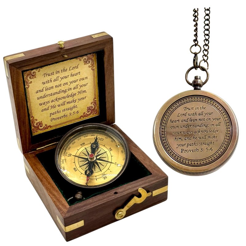Compass Trust in Lord Religious Brass Compass Gift with Bible Proverb Engraved | Christian Inspirational Gift for Men, Faith Based Graduation, Birthday, Gift for Son, Holy Gift | Sundial Clock in Box